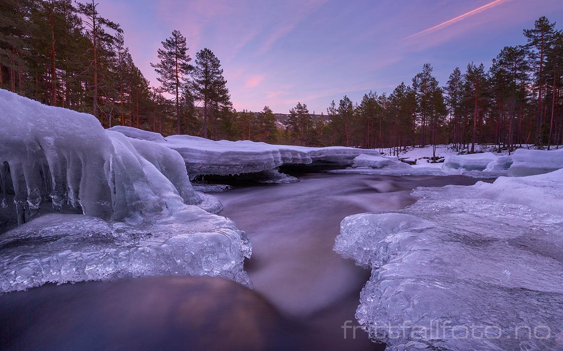 Vinterkveld ved Åseåa nær Bø, Midt-Telemark, Telemark.<br>Bildenr 20150212-047.