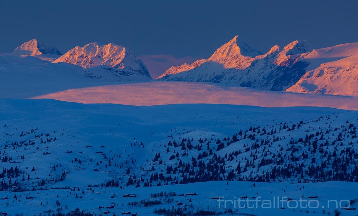 Fra Grønlihovda ser vi mot Torfinnstindane og Knutsholstindane i Jotunheimen, Vestre Slidre, Innlandet.<br>Bildenr 20160214-319.