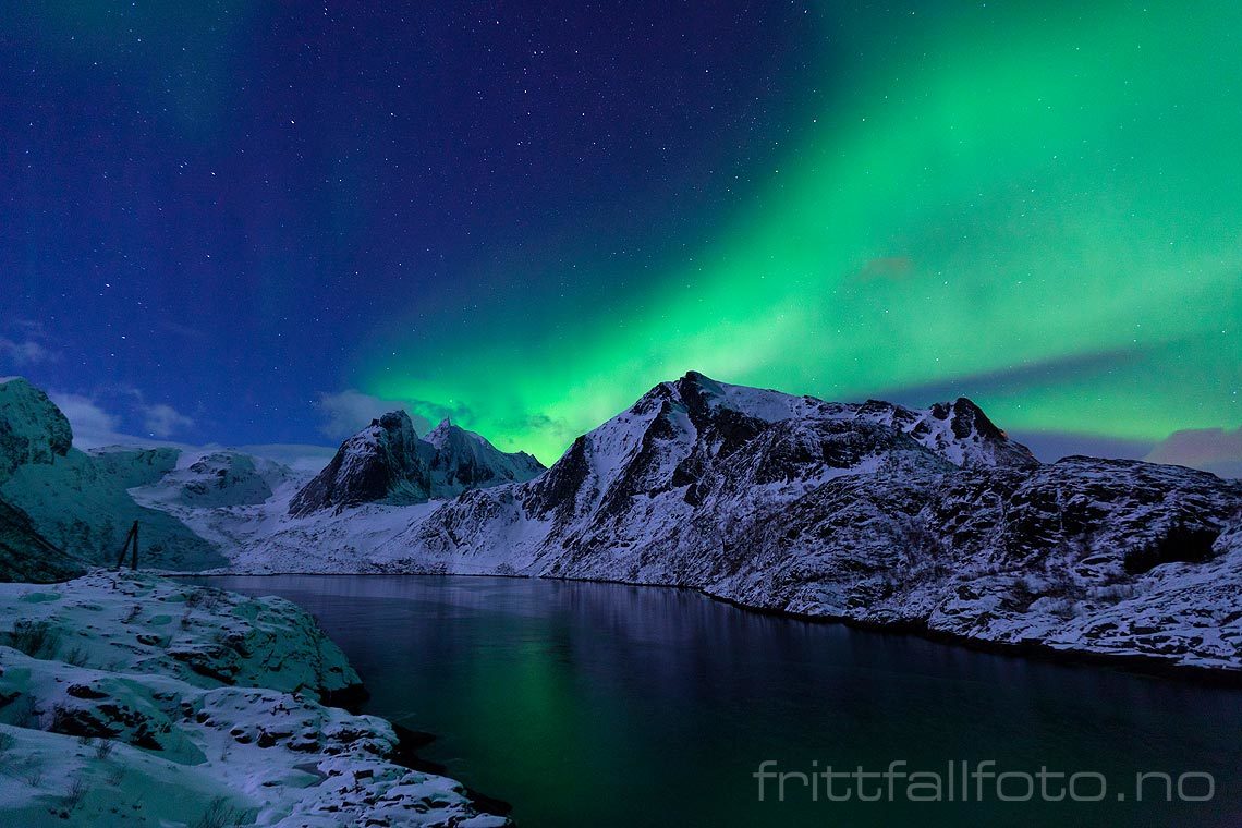 Nordlys over Djupfjorden, Moskenes, Nordland.<br>Bildenr 20110312-126.