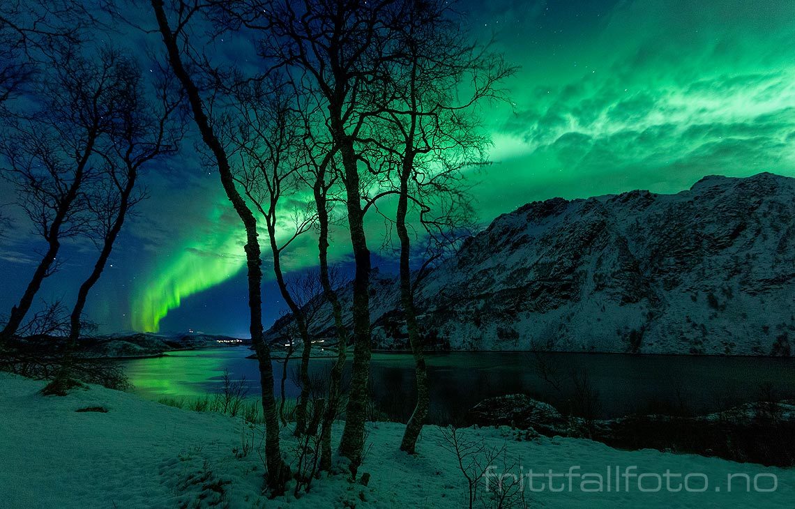 Intenst nordlys ved Ingelsfjorden i Vesterålen, Hadsel, Nordland.<br>Bildenr 20181208-534.